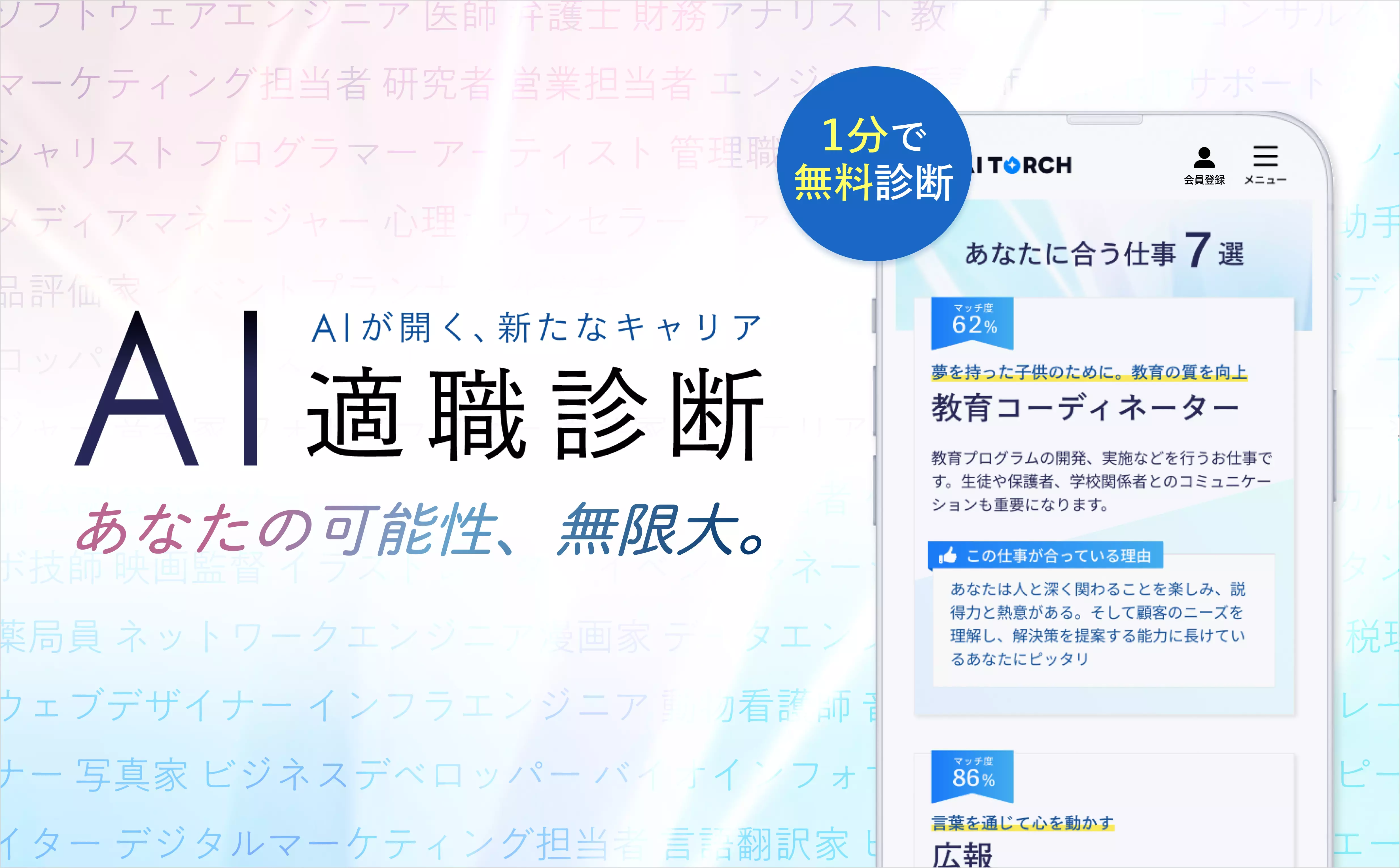 転職活動や新しいキャリアの選択を支援するサービス『ミライトーチ』より新機能『AI適職診断』登場