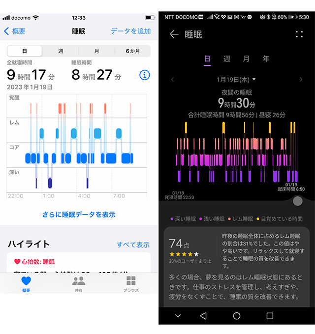 睡眠ログの詳細はスマートフォンから確認する。左がApple Watch、右がHUAWEIの睡眠ログ画面