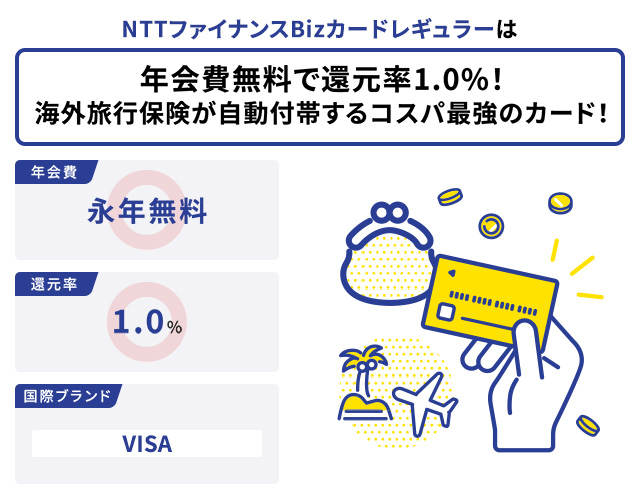NTTファイナンスBizカード レギュラーは年会費無料で還元率1.0%！海外旅行保険が自動付帯するコスパ最強のカード！