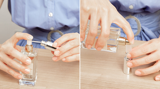 （左）詰め替えノズル。キャップを外した香水ボトルにノズルを装着し、アトマイザーにプッシュして詰め替える。（右）漏斗（じょうご）。アトマイザーに漏斗を挿し、広い口に香水をプッシュして詰め替える。ボトルのキャップが外れない場合に使われる