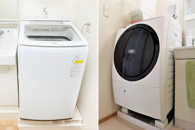 洗浄力なら縦型洗濯機（左）、乾燥機能を重視するならドラム式洗濯機（右）を選ぶ