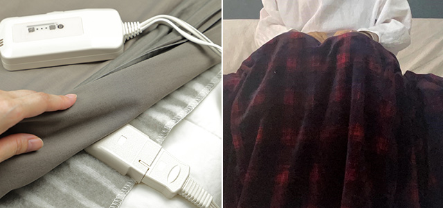 写真左の電気毛布は寝具と一緒に使用するため薄くて大きい。写真右の電気ひざ掛けは下半身を覆えるくらいのサイズ感