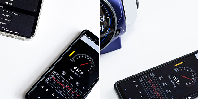 iPhone「時計」アプリ：63.6dB（左）／リズム「バトルパワー646」：80.2dB（右）