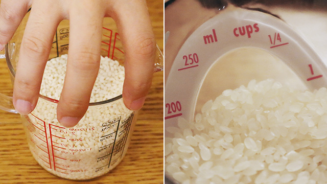 お米を量るときも、まずは表面を平らにならすことが肝心。1合は1カップ（200ml）よりやや少ない量と覚えておくと、キャンプのときなどに便利