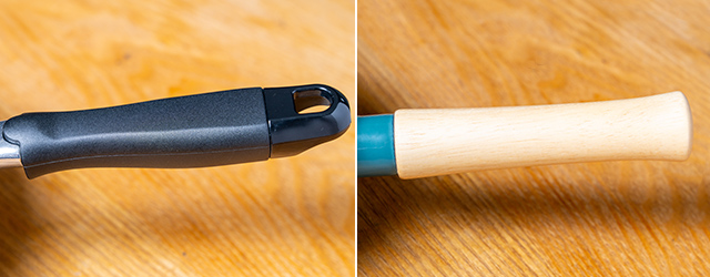 左が熱くなりにくいプラスチック製の取っ手。右の木製の取っ手も熱くなりにくいが、カビや焦げに注意が必要