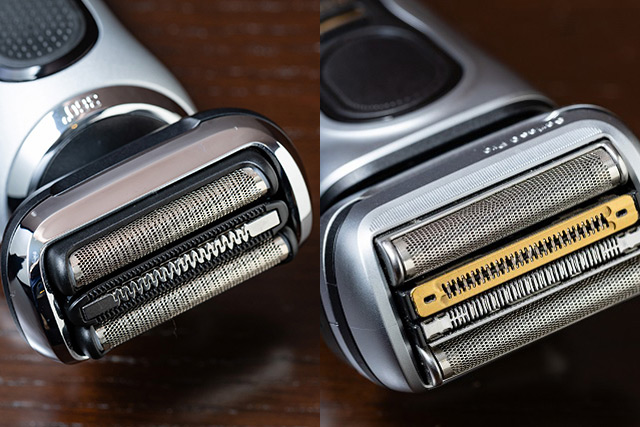 3枚刃のミドルモデル「シリーズ7 71-S7500cc」（左）と4枚刃のハイエンドモデル「シリーズ9Pro+ 9587cc」。金色の部分が「プロブレード」（右）