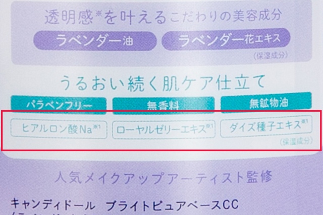「ヒアルロン酸」「ローヤルゼリーエキス」など、保湿成分について記載があるパッケージ