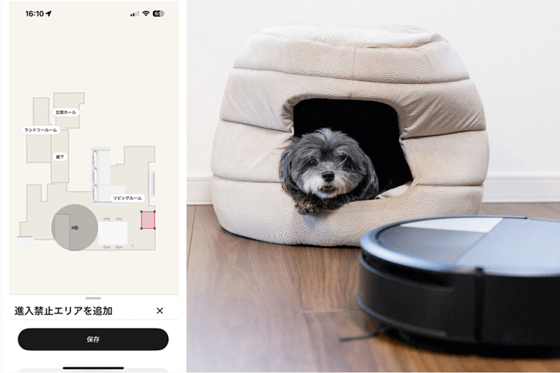 MAP上で赤くなっている部分が進入禁止エリア(左)。ルンバはベッドスペースに近づきすぎない程度で方向転換した