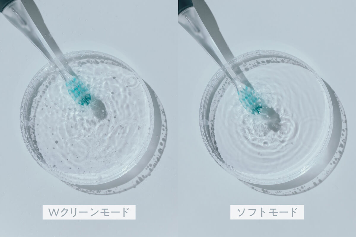 好みに合わせて使い分けられる4つのモード（Wクリーン・Wガム・クリーン・ソフト）に加え、アプリで設定できるカスタムモードがEW-DT88には搭載されています。