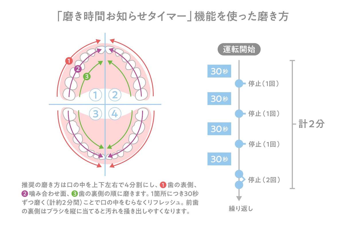 「磨き時間お知らせタイマー」機能を使った磨き方