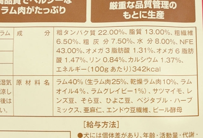 アランズナチュラルドッグフード・ラム 成分表