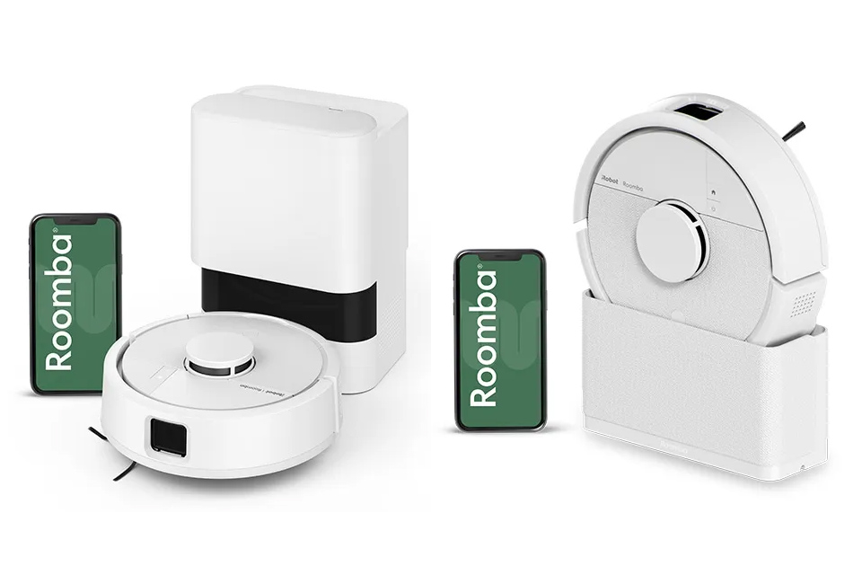 自動ゴミ収集機能付きの充電ステーションが付いたRoomba Mini（左）と、より省スペースを実現した縦置き型のRoomba Mini Slim（右）