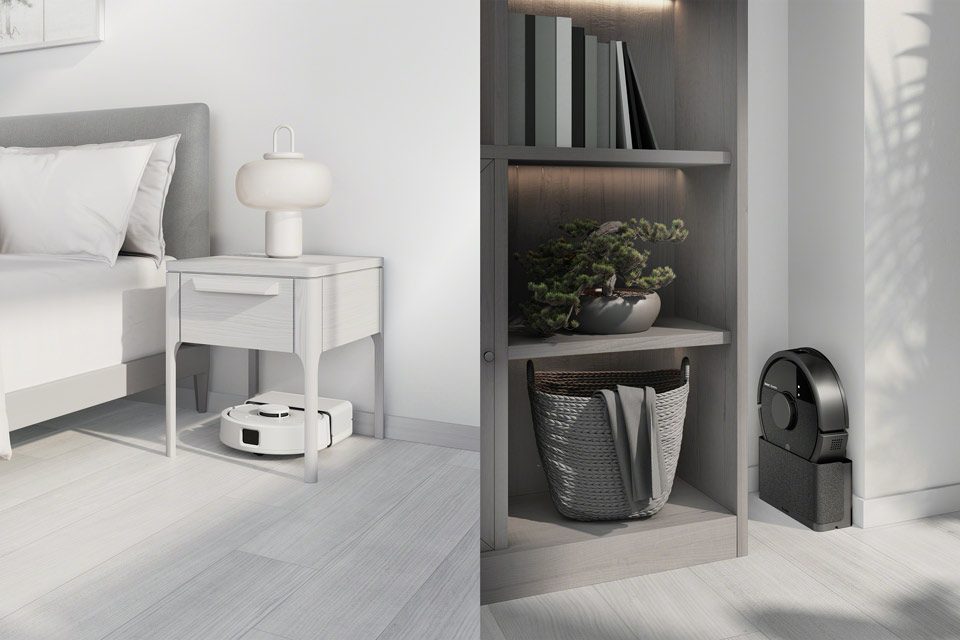 より省スペースを実現した縦置き型のRoomba Mini Slimは、家具の下や壁との隙間にも設置可能。1Rや1Kといった狭い空間にも収納しやすいコンパクト設計
