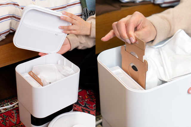 充電ステーションのフタを外して、専用の紙パックをセット。取っ手部分をつかんで引き上げるだけで簡単に外すことができる。「当分、交換の必要はなさそうですね」（とみいさん）