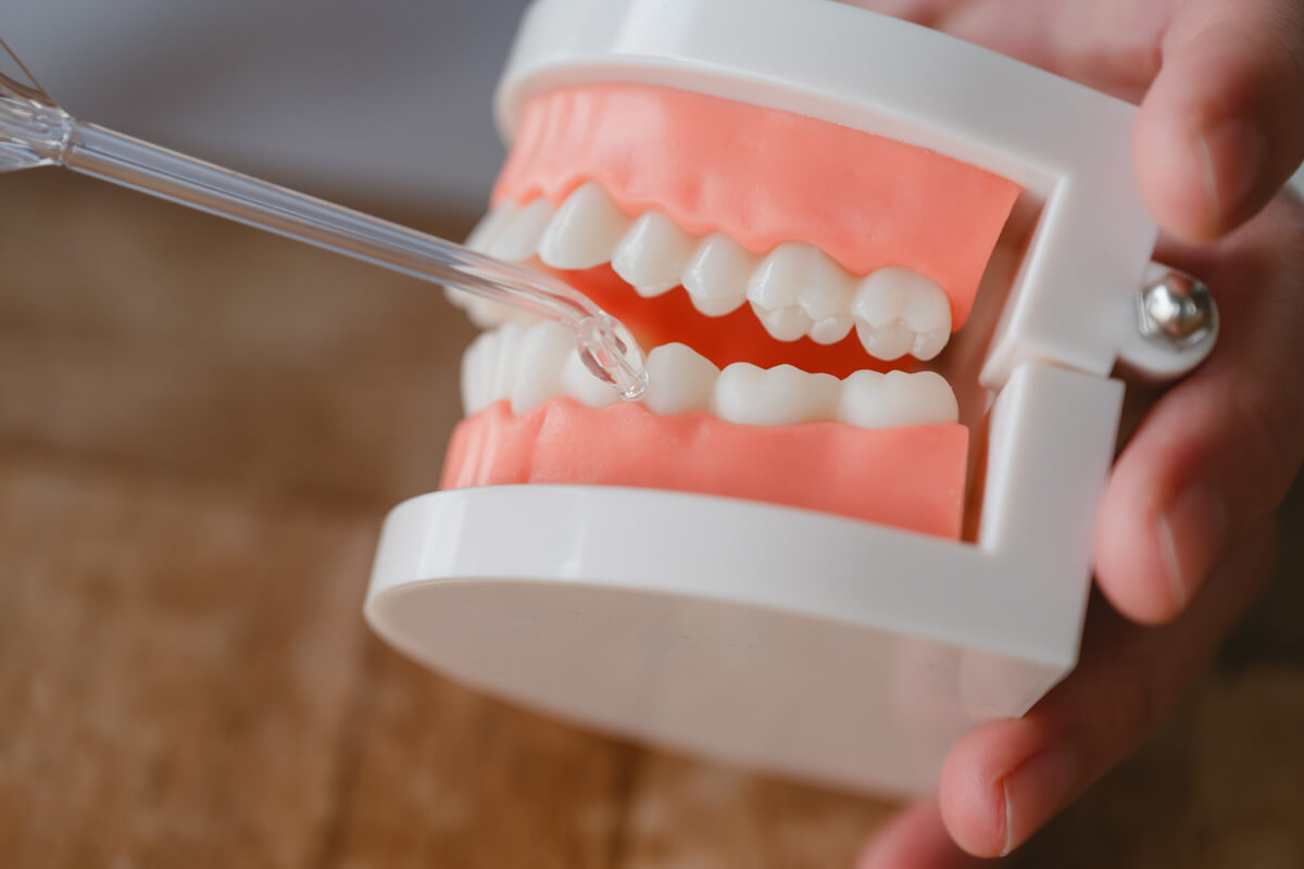 歯と歯の間で少し止めるイメージで、しっかりと水を歯間に貫通させます