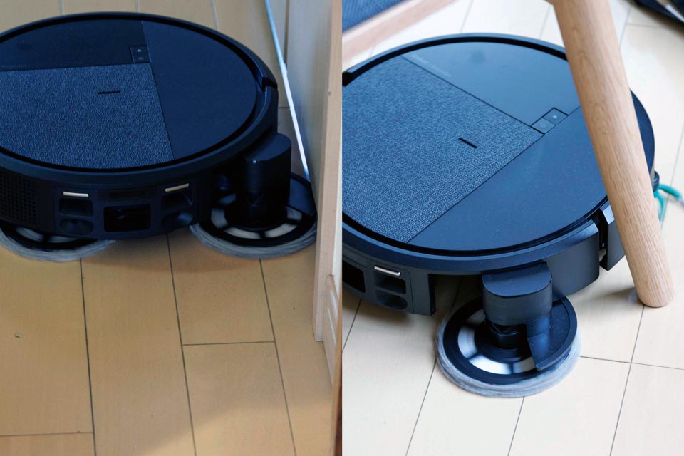壁際や家具の脚周りでは、モップパッドが伸びてくまなく水拭きができる