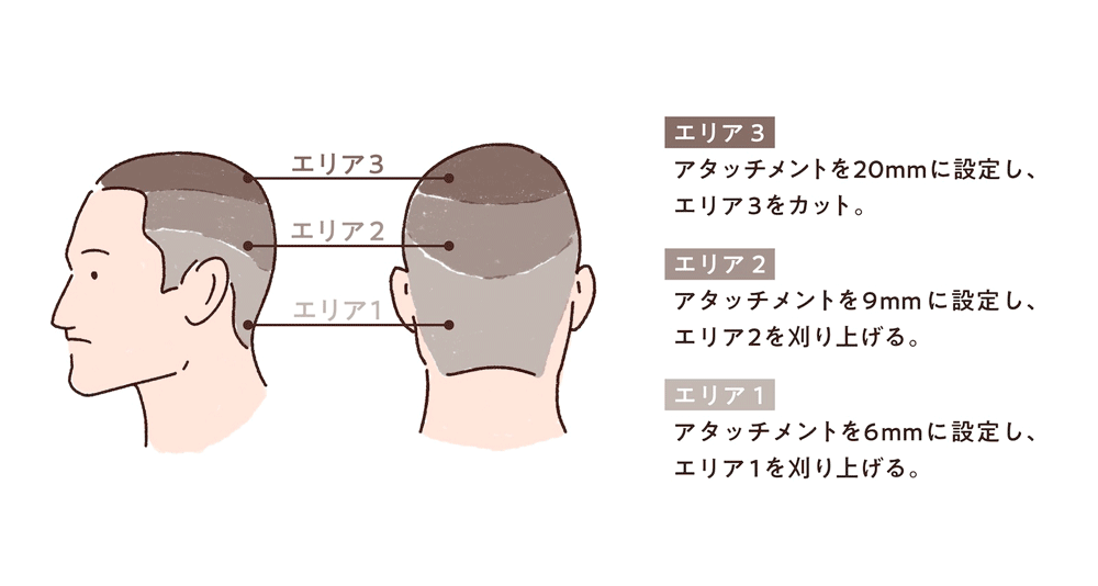 エリア3：アタッチメントを20mmに設定し、エリア2を刈り上げる。 エリア2：アタッチメントを9mmに設定し、エリア2を刈り上げる。 エリア1：アタッチメントを6mmに設定し、エリア1を刈り上げる。
